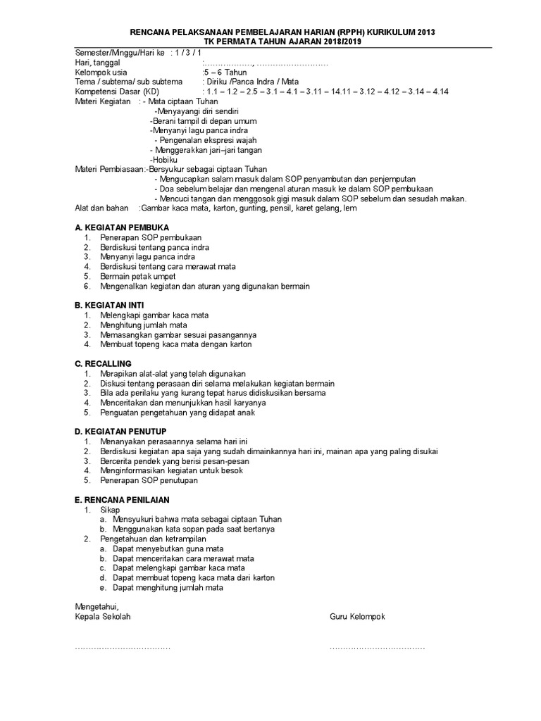 RPPH TK B SMT1 Minggu 03 Lima Panca Indra