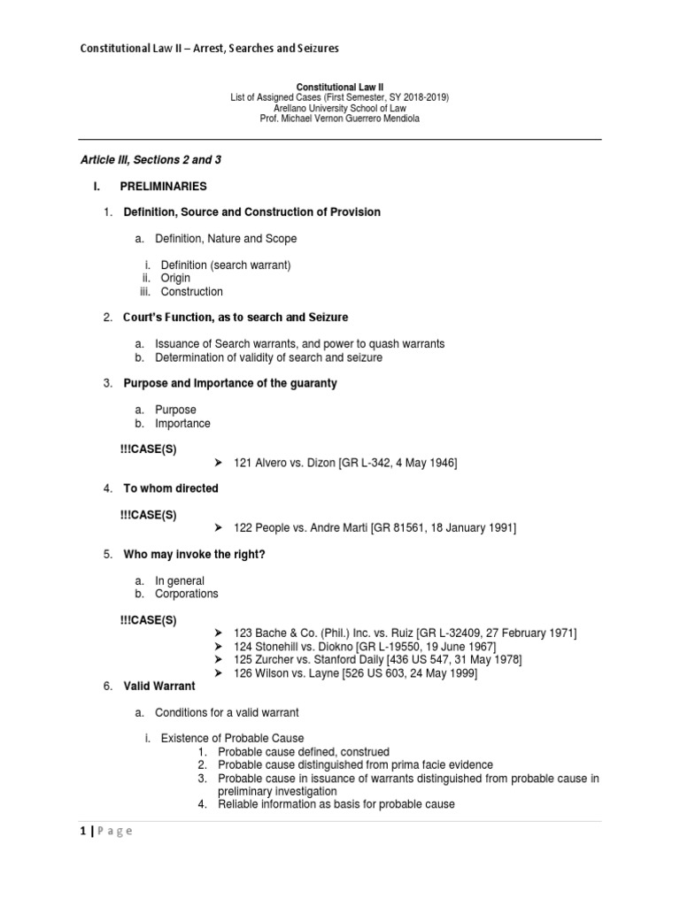 Constitutional Law II - Arrest Searches and Seizures | PDF | Search And ...