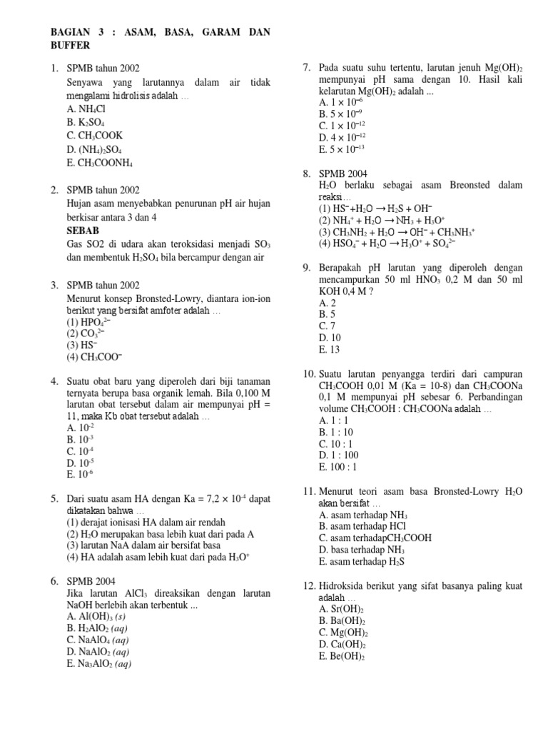 Kumpulan Soal SBMPTN Topik Asam Basa, Buffer dan Hidrolisis
