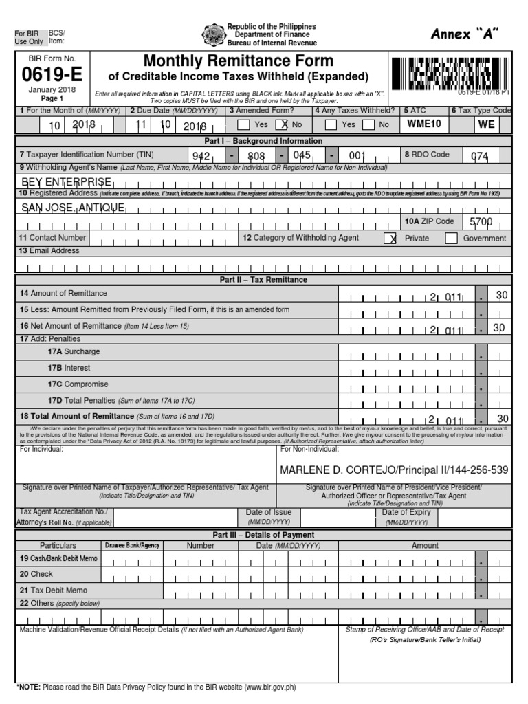 Annex A - 0619-E Jan 2018beyupdated | PDF | Withholding Tax | Payments