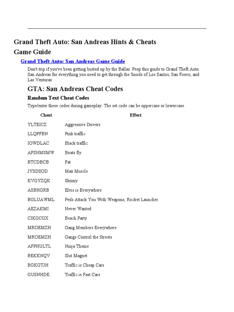 Grand Theft Auto San Andreas Cheat Codes, PDF