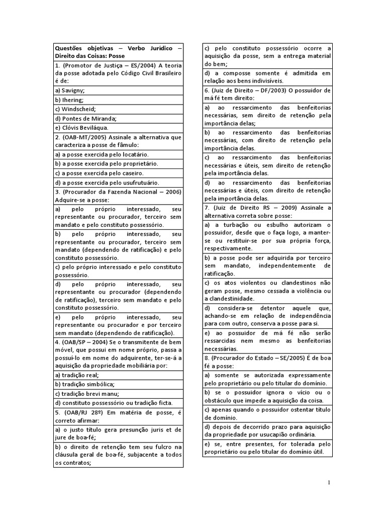 Questões Objetivas e Subjetivas de Direito Das Coisas | Download grátis ...