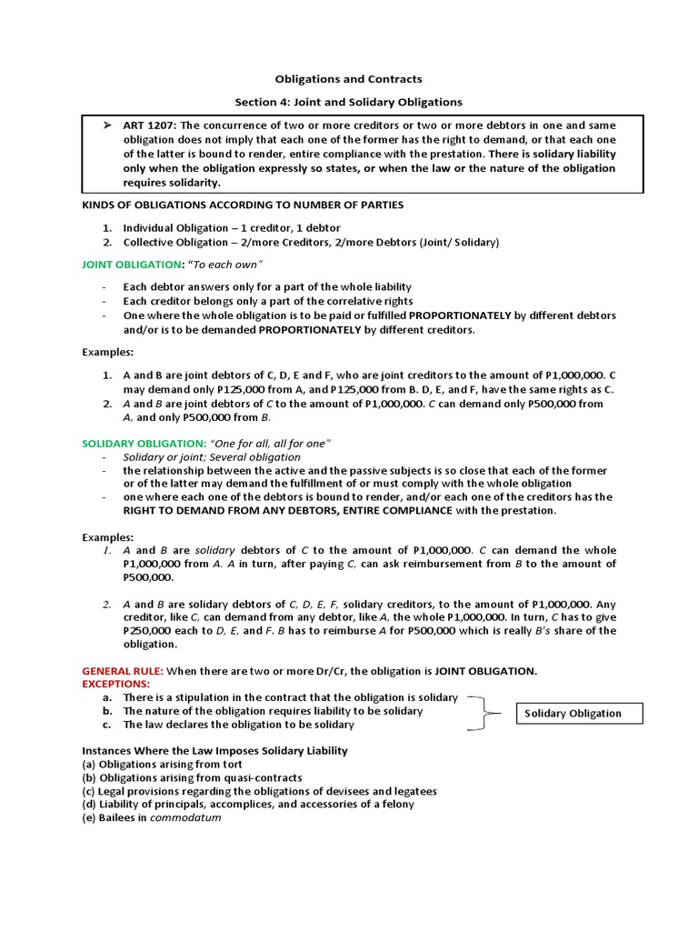 Joint vs Solidary Obligations Explained | PDF | Law Of Obligations | Debtor