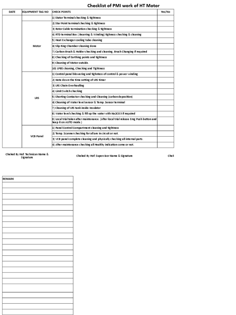 HT Motor Preventive Maintenance Checklist | PDF | Electrical Components ...