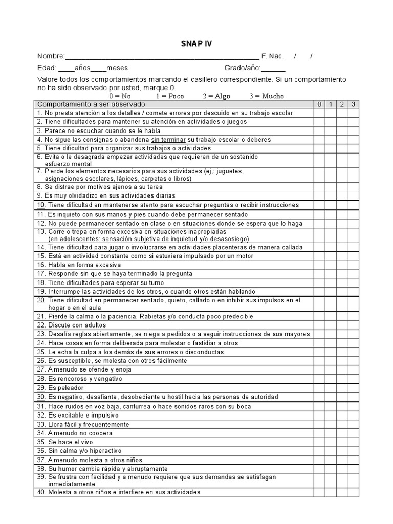 Protocolo y Escala SNAP IV | PDF | Desorden hiperactivo y deficit de ...