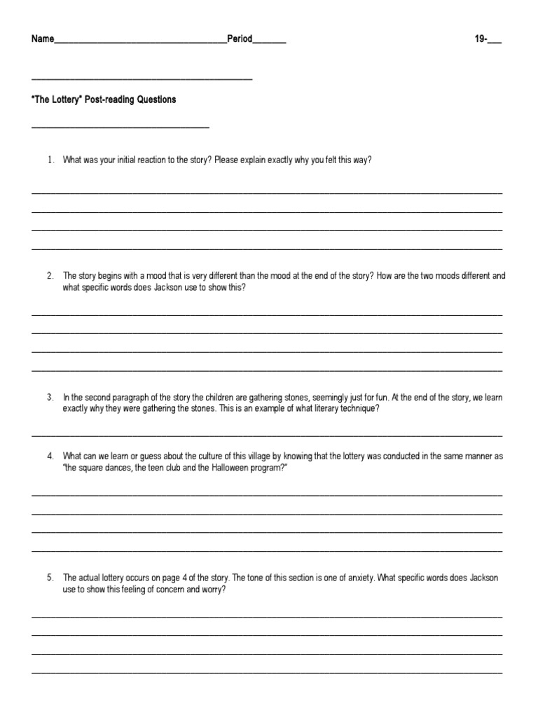 Lottery PostReading Questions PDF Irony Mood (Psychology)