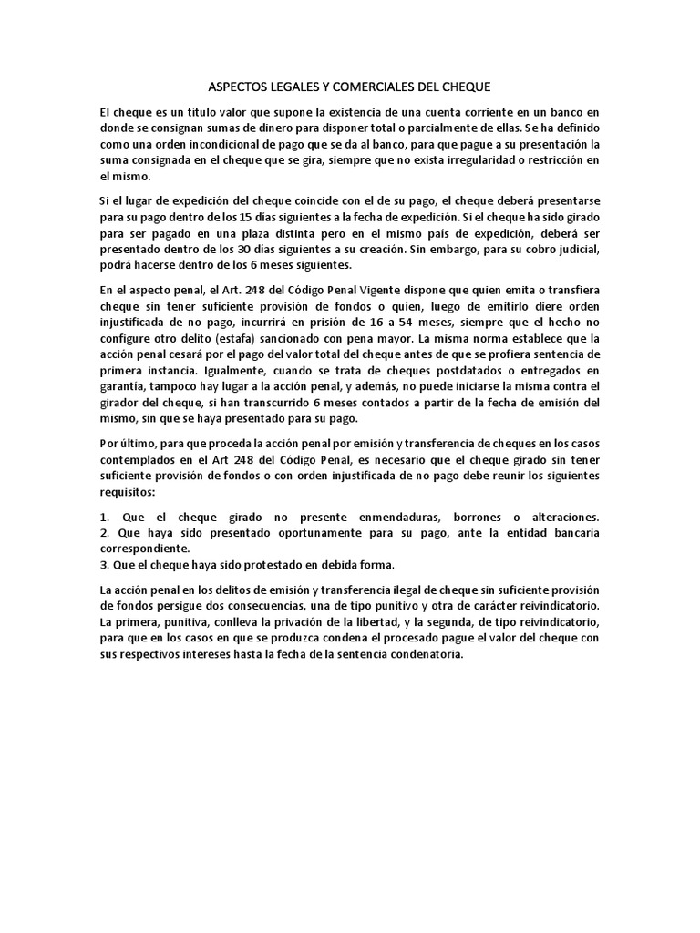 Aspectos Legales y Comerciales Del Cheque | PDF | Cheque | Derecho penal