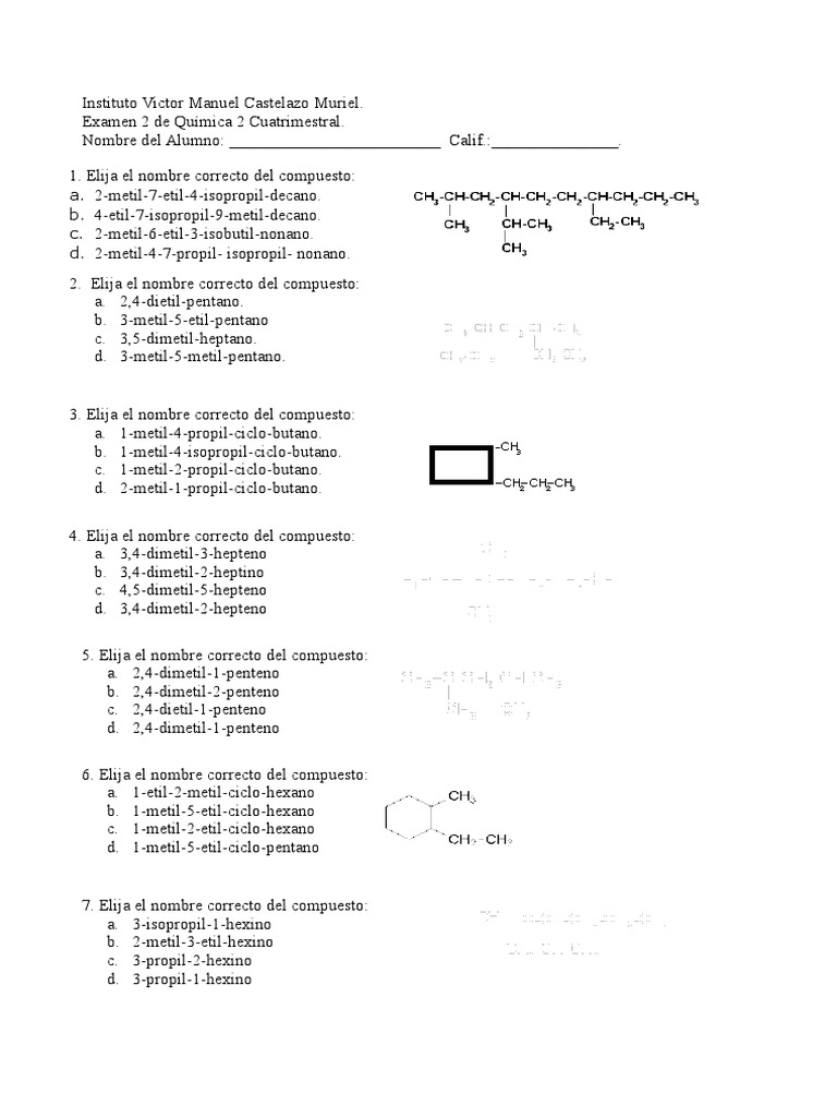Examen 2 Cuatri Quimica 2 Pdf Hidrocarburos Carbon