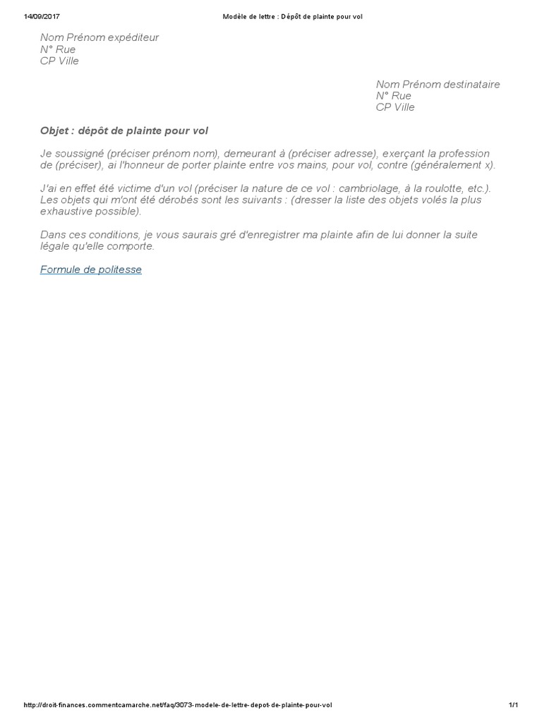 Modèle de lettre _ Dépôt de plainte pour vol.pdf