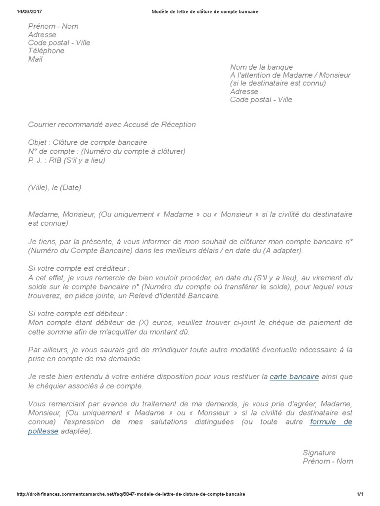 exemple de lettre pour fermer un compte
