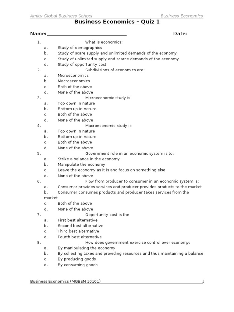 Business Economics Quiz1 Economics Demand