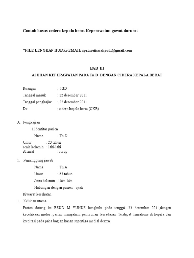 Contoh Kasus Cedera Kepala Berat Keperawatan Gawat Darurat