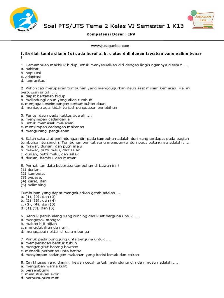 Soal Uts Matematika Kelas 6 Tema1 Dan 2 Juragan Les