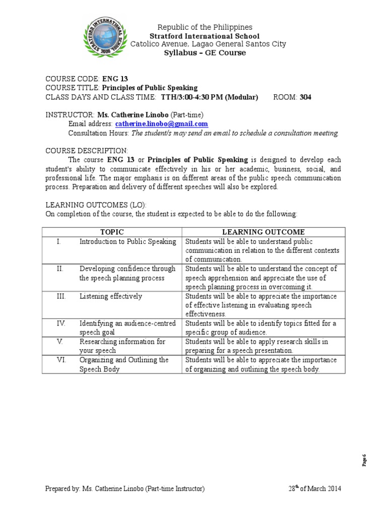 Principles of Public Speaking Syllabus - Ms. Catherine Linobo | PDF ...