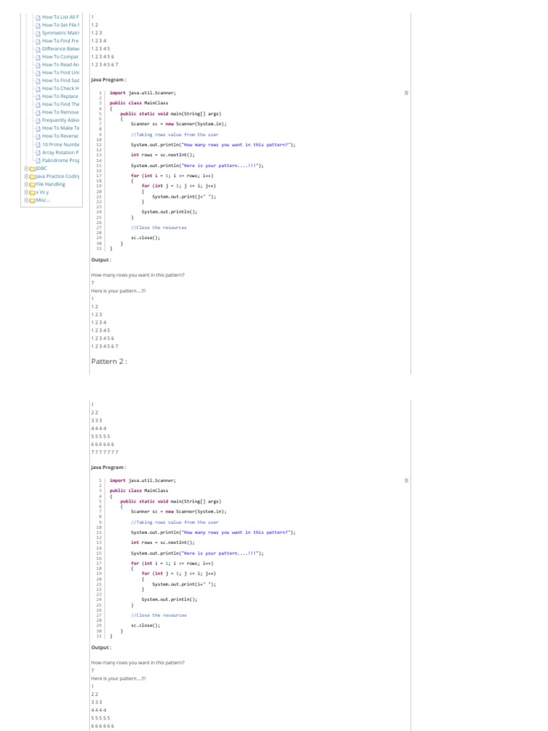 20 Different Number Pattern Programs in Java | PDF | Information ...
