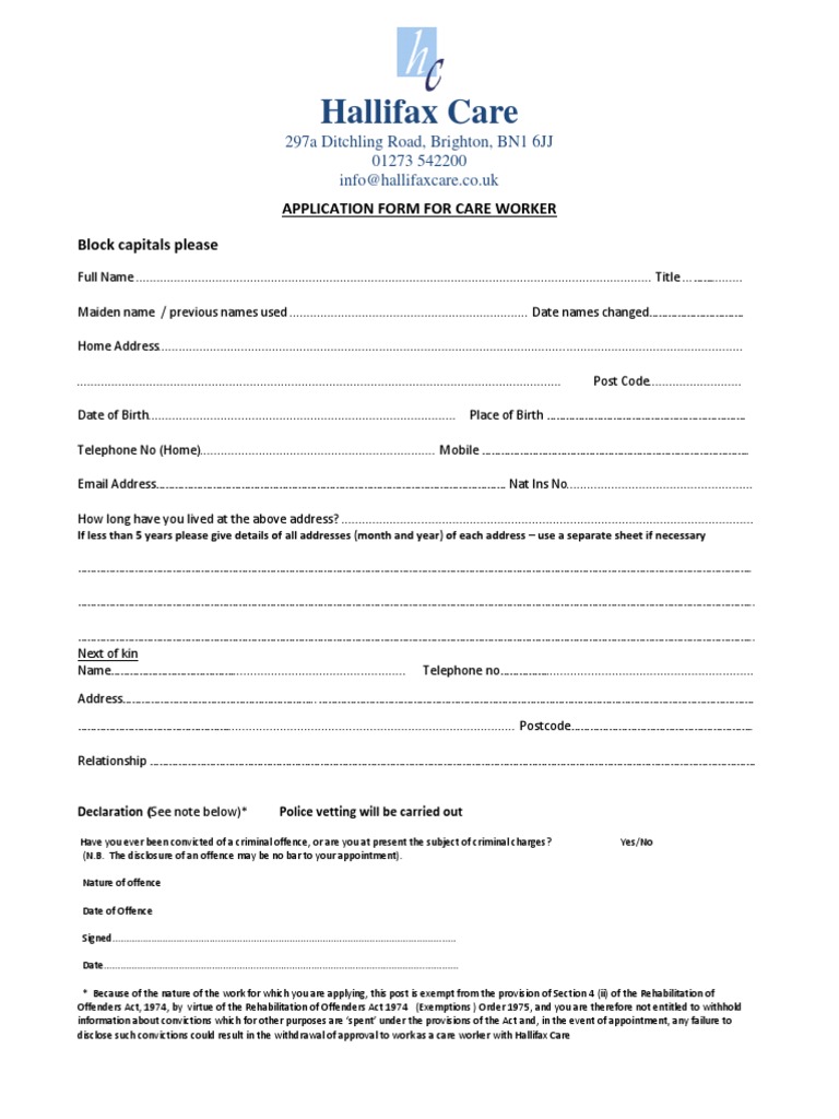 Care Worker Application Form - Hallifax Care | PDF | Government ...