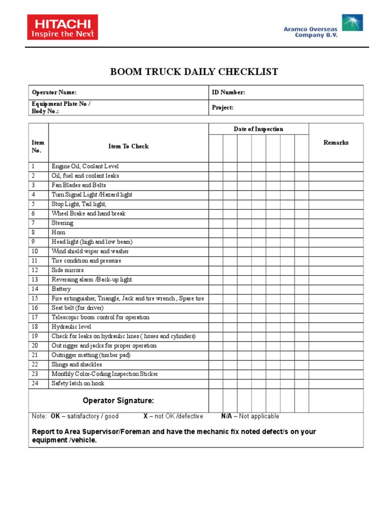 Boom Truck Daily Inspection Checklist | PDF