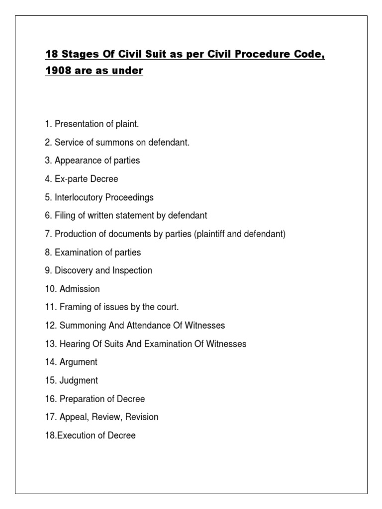 18 Stages of Civil Suit as Per Civil Procedure Code | Decree | Lawsuit