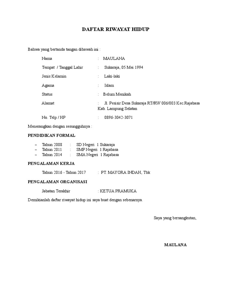 Surat Lamaran Riwayat Hidup