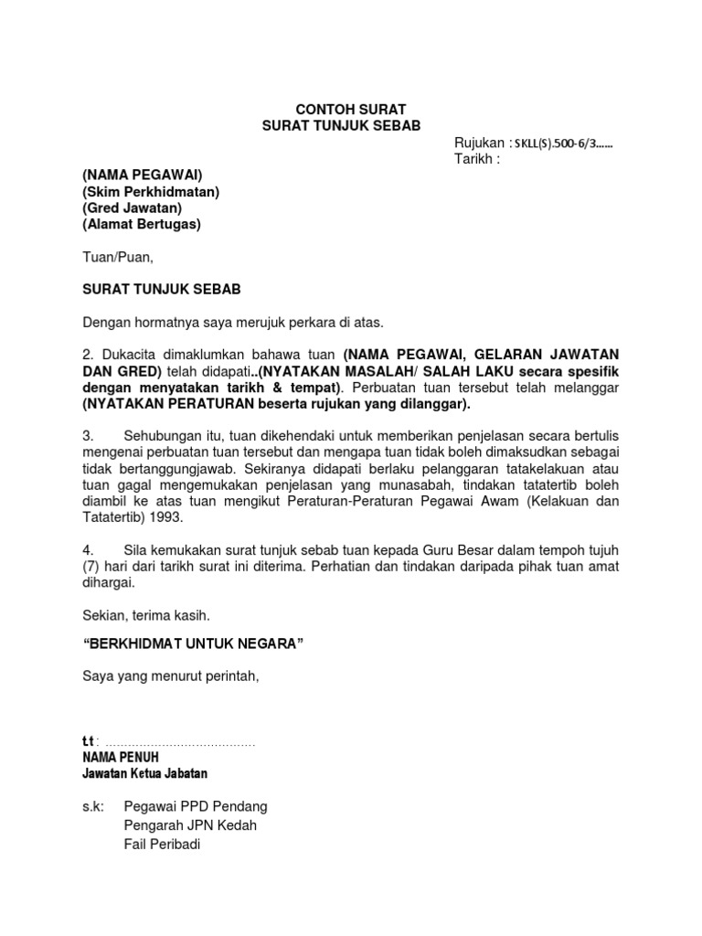 Tunjuk Sebab Contoh Surat Tindakan Tatatertib