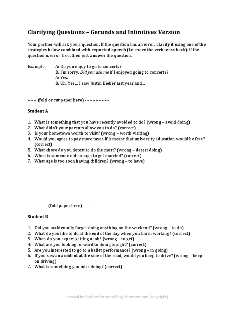 Clarifying Questions Gerunds Infinitives | PDF | Morphology | Onomastics