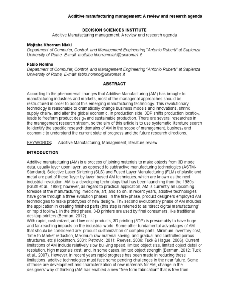 Additive Manufacturing Management A Review and Research Agenda PDF