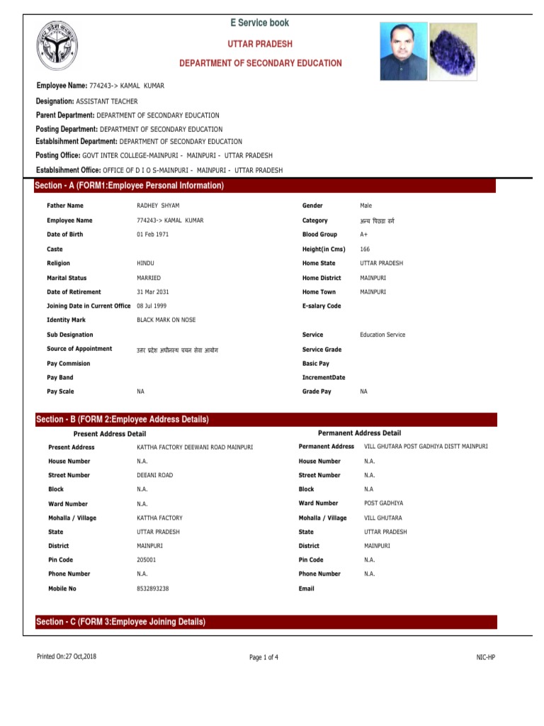 E Service Book: Section - A (FORM1:Employee Personal Information) | PDF ...