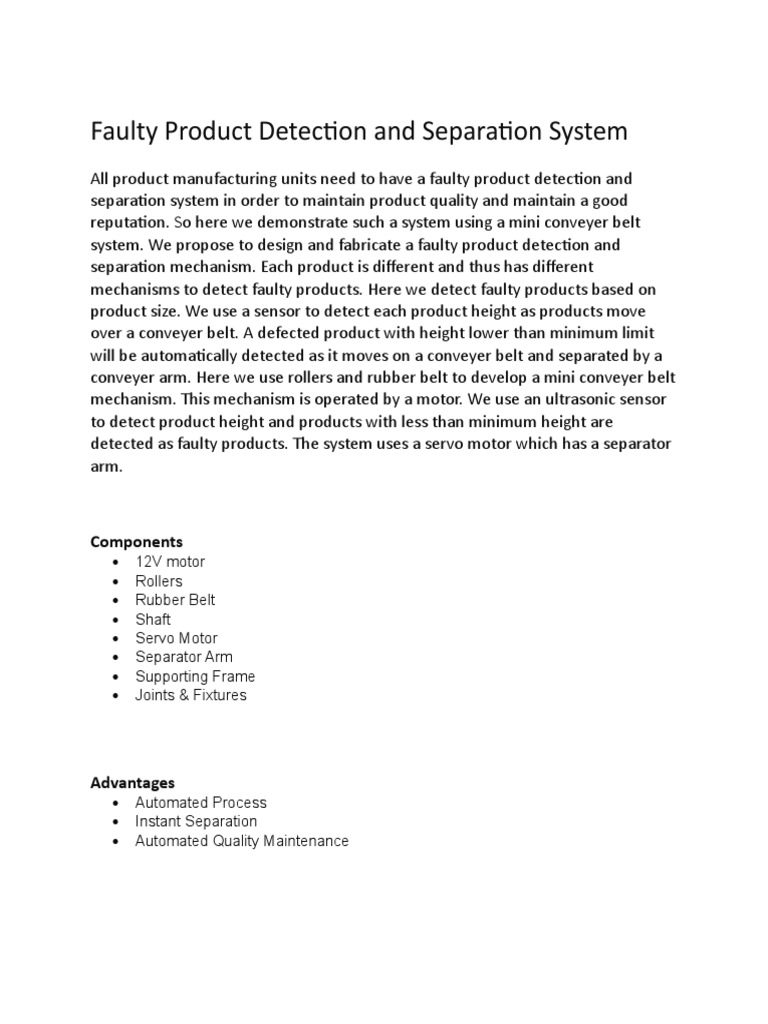 Faulty Product Detection and Separation System: Components | PDF