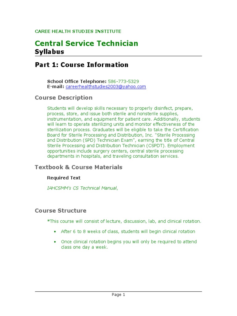 Central Service Technician Course Syllabus | PDF | Infection Control ...