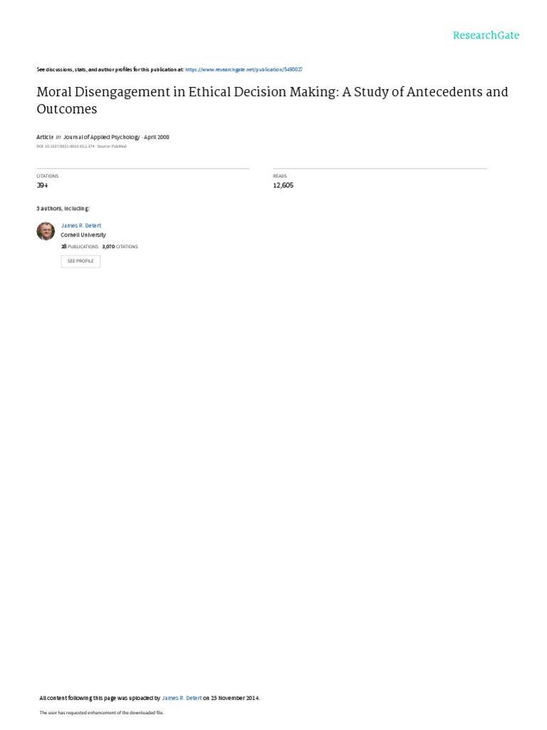 Moral Disengagement in Ethical Decision Making A Study of Antecedents ...