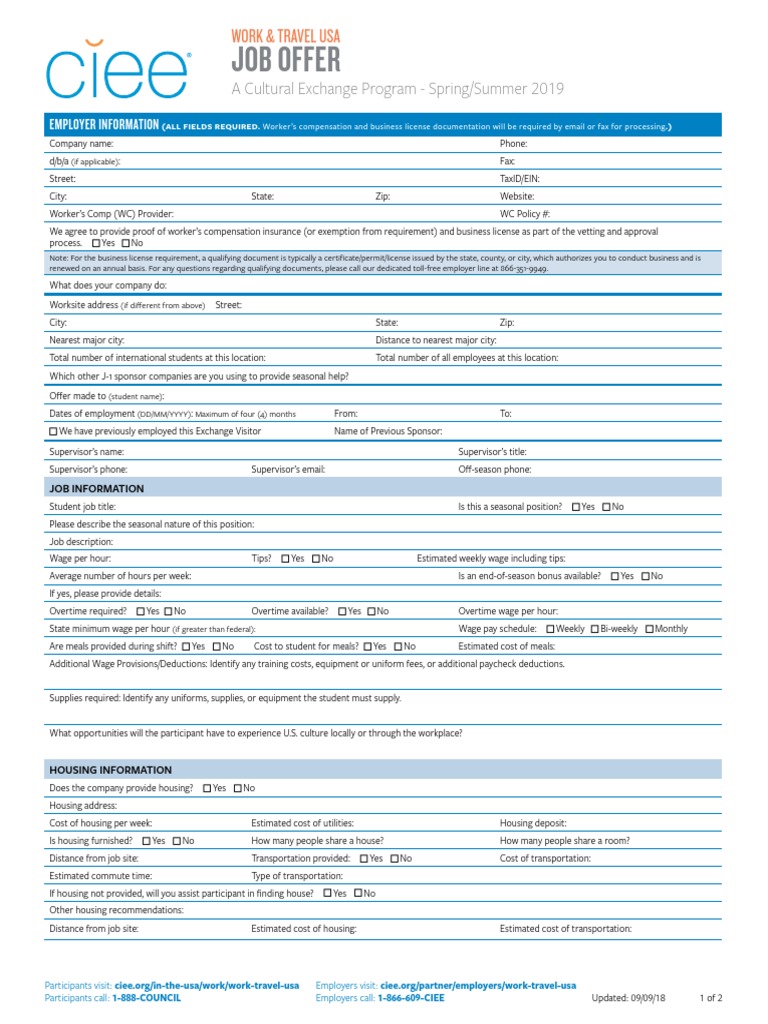 Ciee Job Offer Form 2019 Summer Overtime Employment