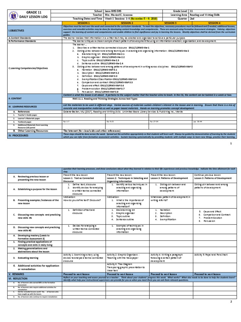 DLL Reading & Writing Week 1 Nov 59, 2018 PDF Learning Teachers