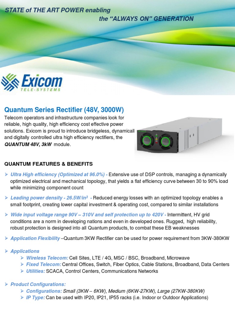 Exicom 48V 3kW Rectifier Overview | PDF | Rectifier | Telecommunication
