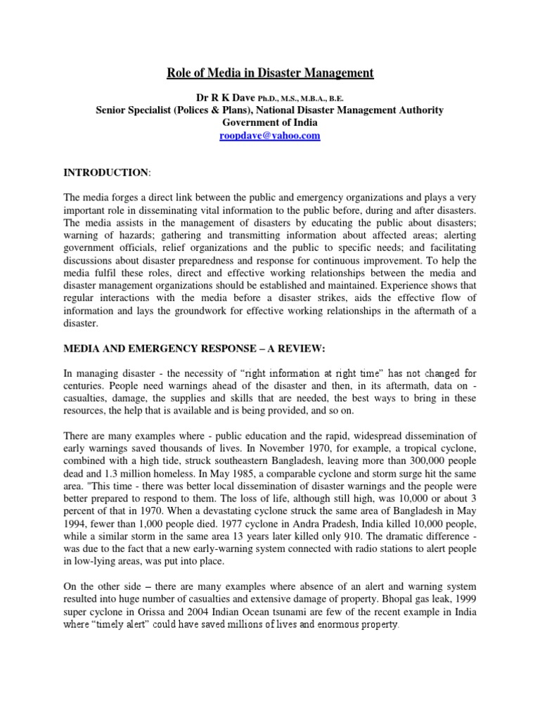 Role of Media in Disaster Management | PDF | Emergency Management ...