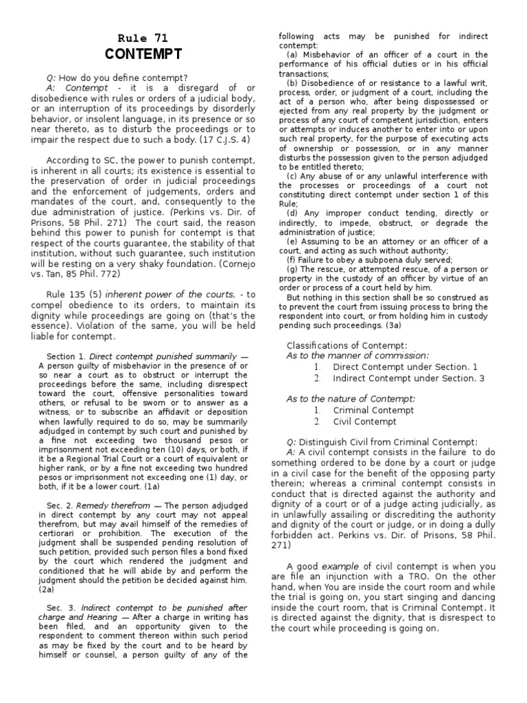 Rule 71 contempt defined and penalties outlined | PDF | Contempt Of ...