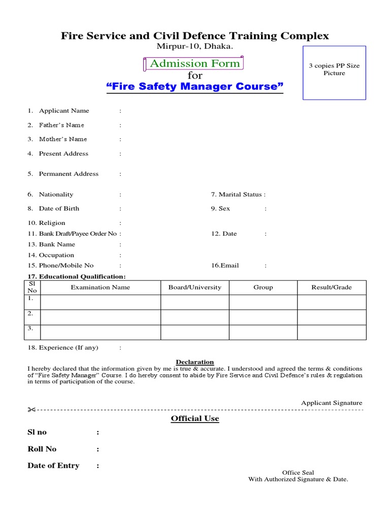 Admission Form of Fire Safety Manager Course PDF