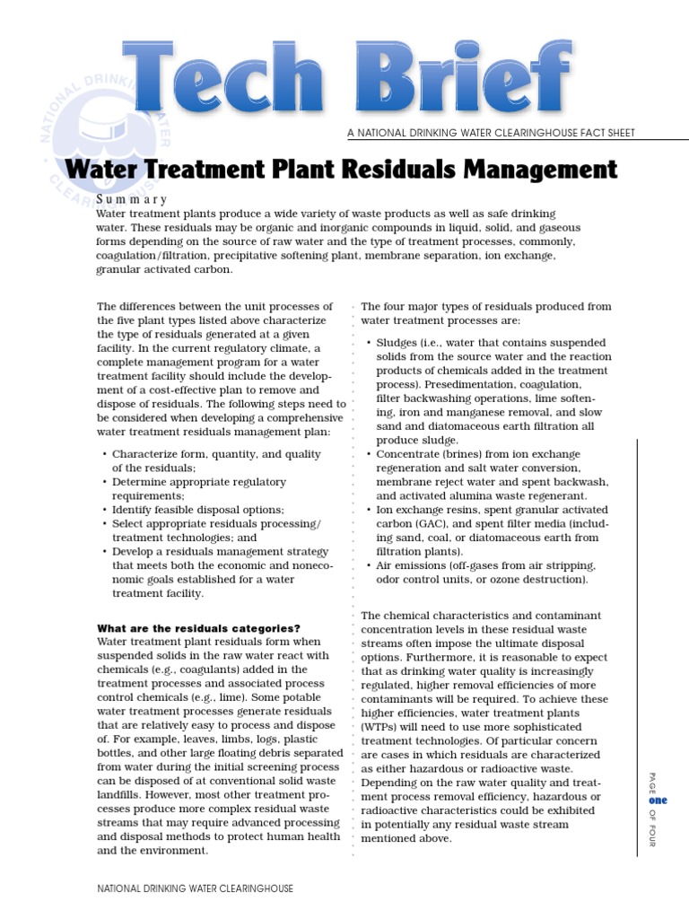 Water Treatment Plant Residuals Management PDF PDF Water