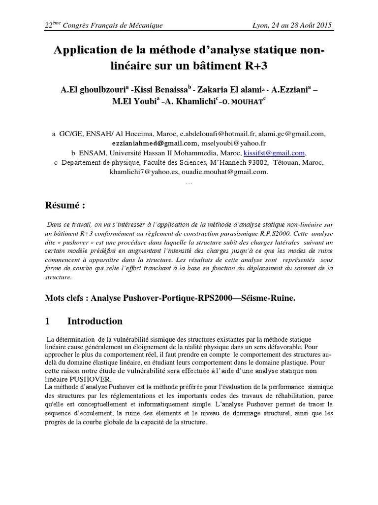 Application de La Méthode D'analyse Statique Non-Linéaire Sur Un ...