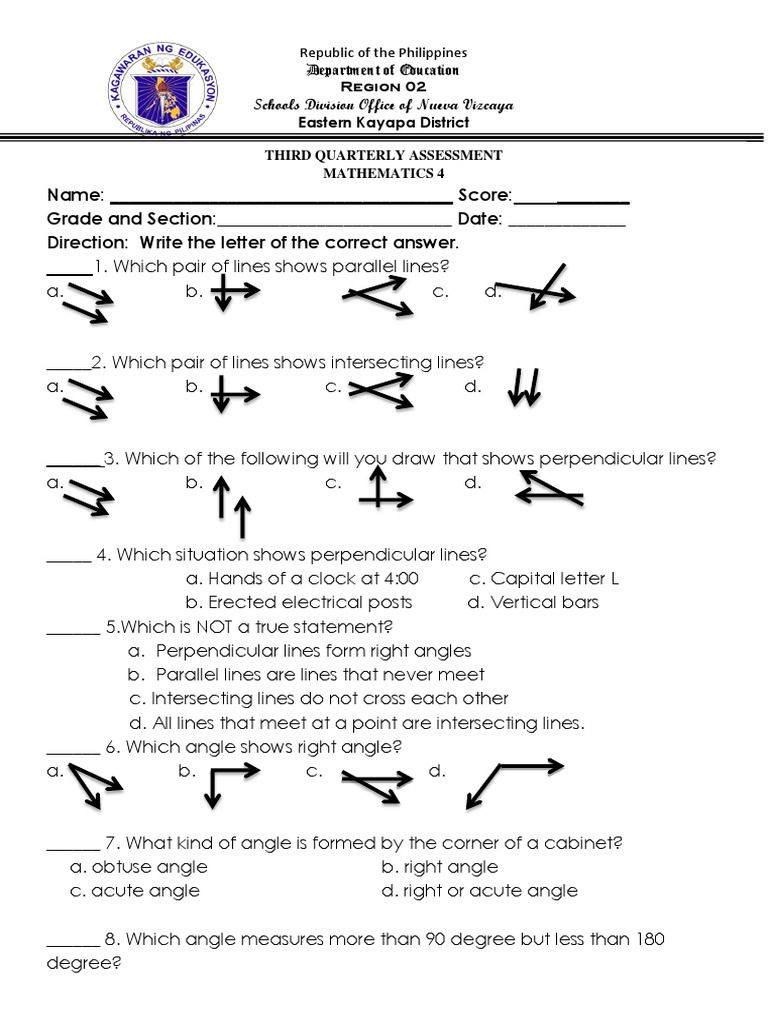 Grade 4 Maths Quarterly Assessment | PDF | Triangle | Elementary Geometry