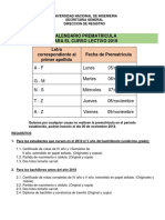 Calendario Prematricula Ingreso 2019