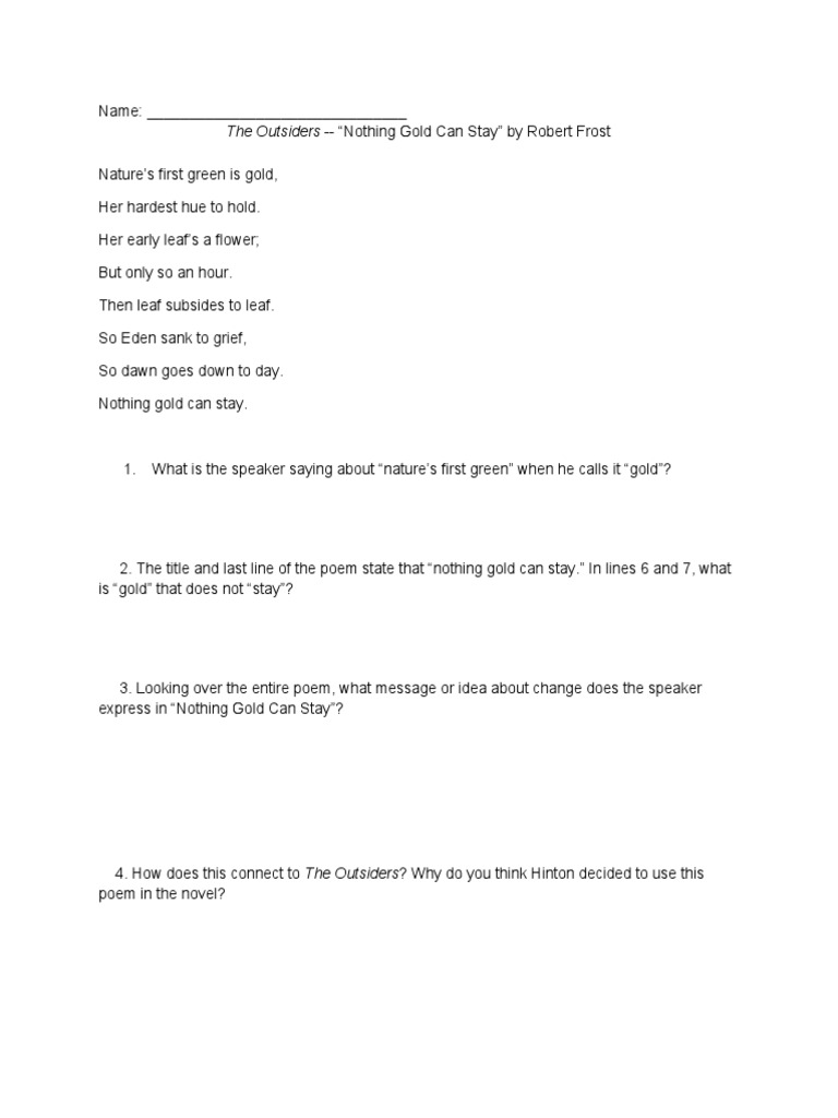 Nothing Gold Can Stay - Analysis Worksheet | English Language