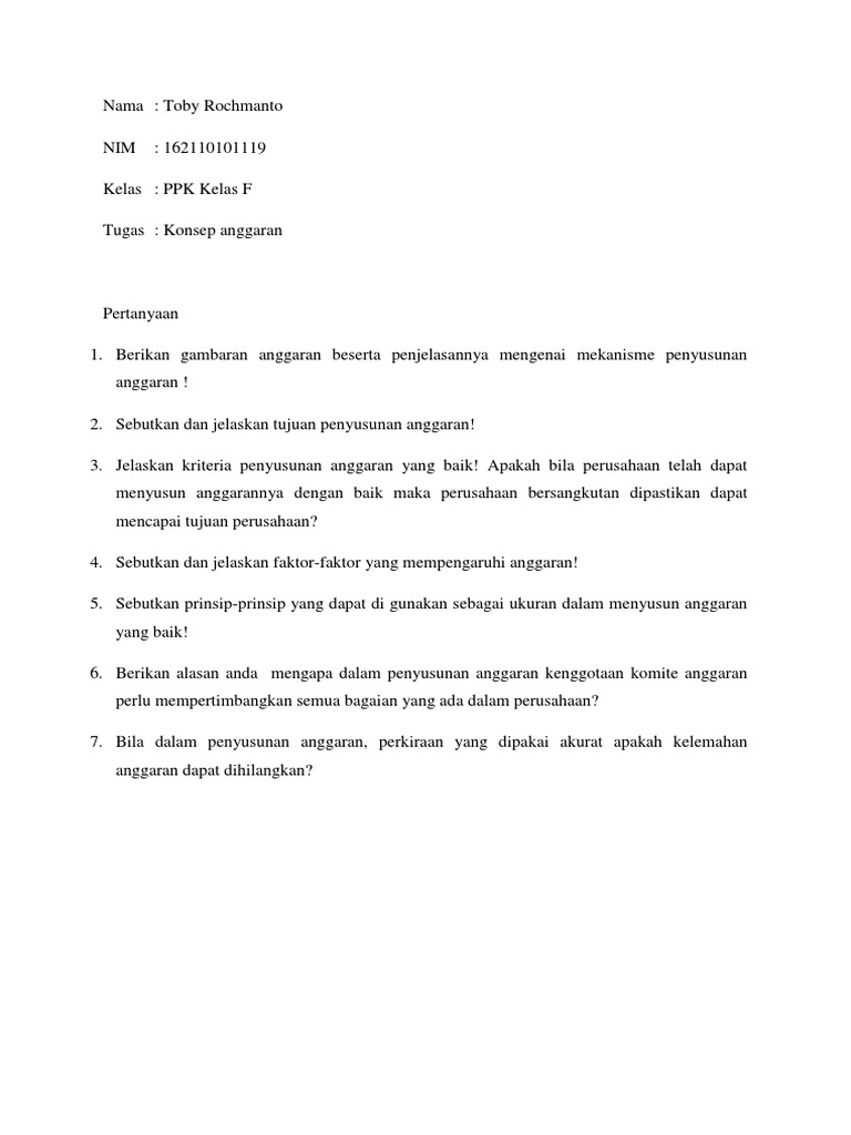 Pertanyaan Konsep Anggaran