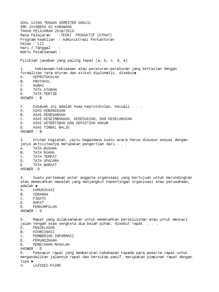 Soal Uts Xii Ap Otomatisasi Tata Kehumasan Dan Keprotokolan