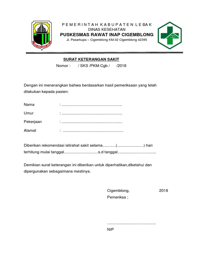 Puskesmas Rawat Inap Cigemblong: Surat Keterangan Sakit