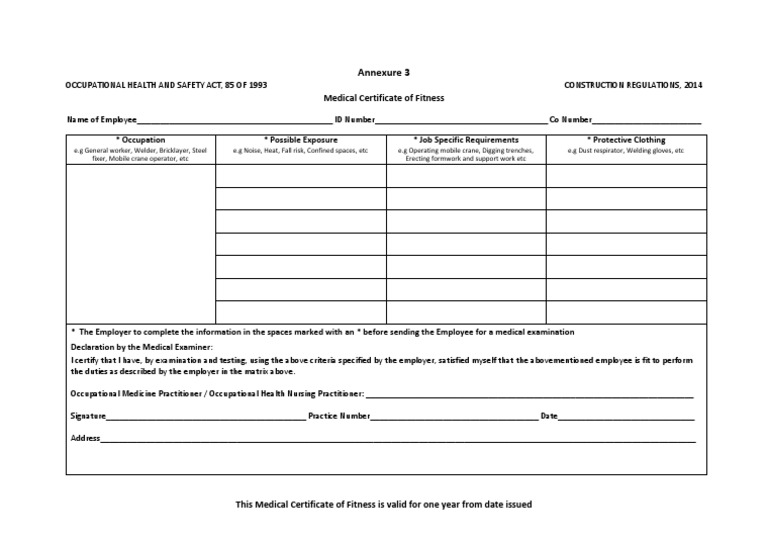 Annexure 3 Medical Certificate Occupational Safety And Health