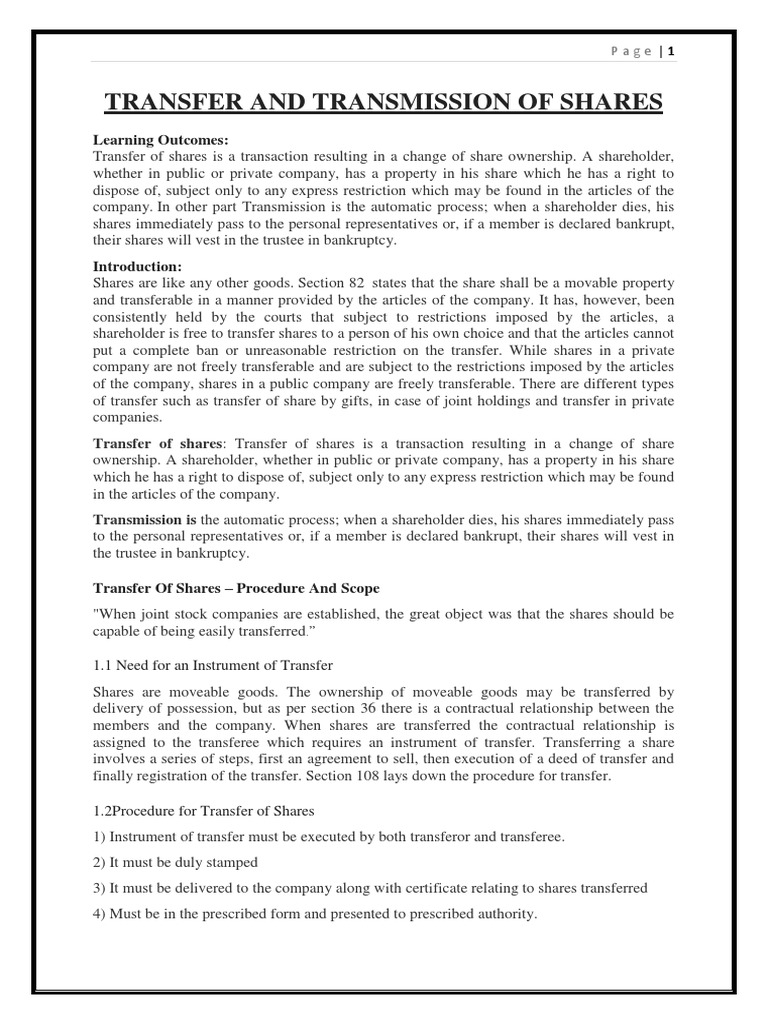 Transfer and Transmission of Shares PDF Securities (Finance) Loans