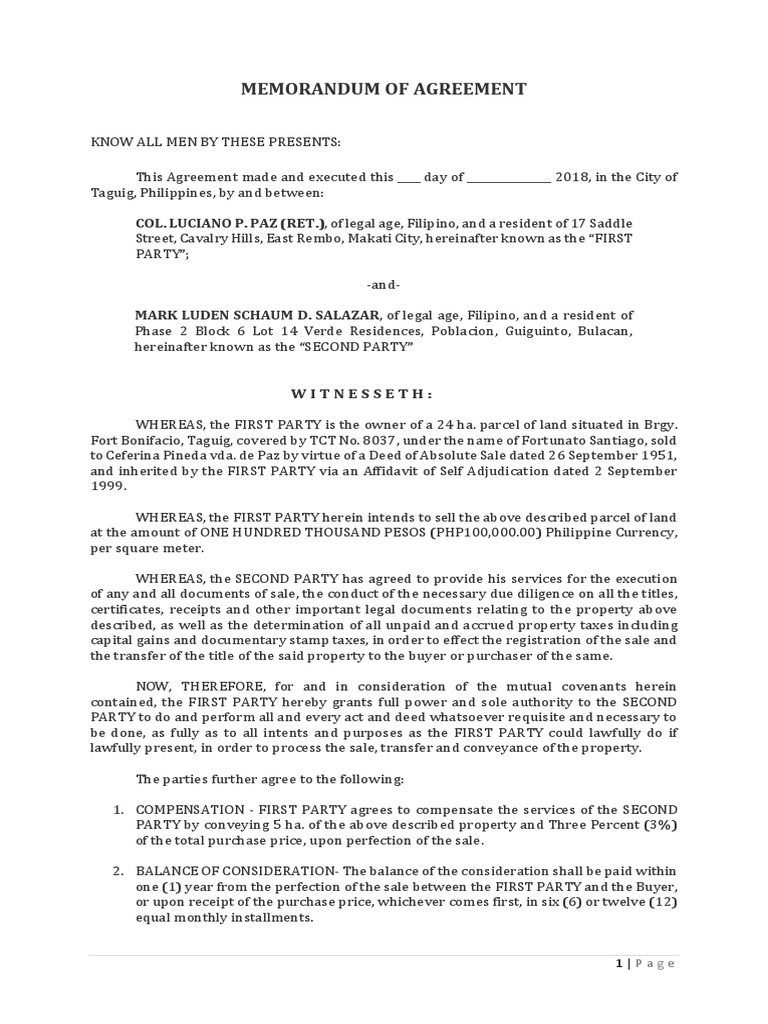 Memorandum of Agreement for Land Sale | PDF | Covenant (Law) | Deed