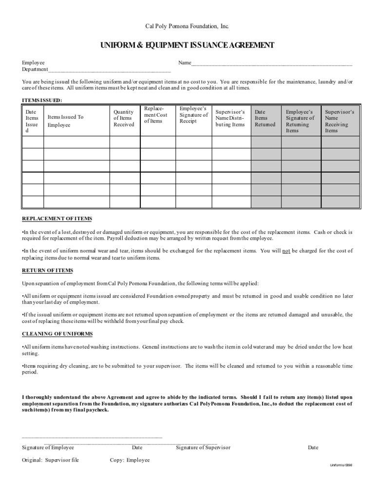 Uniform & Equipment Issuance Agreement Cal Poly Pomona Foundation, Inc