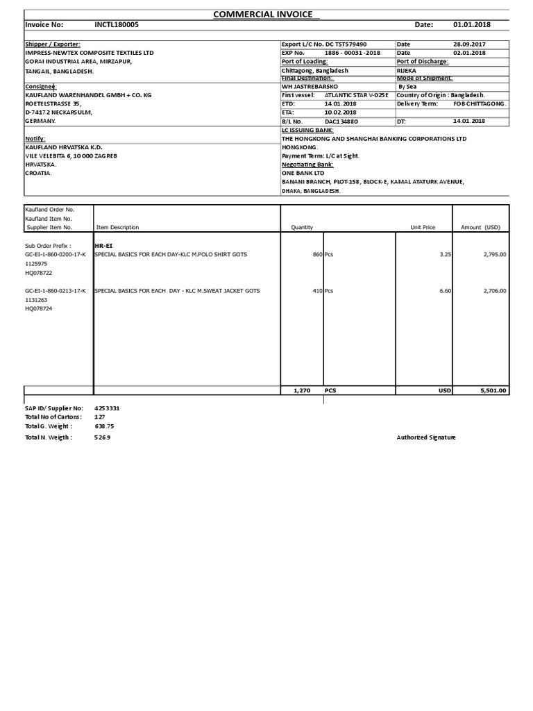 Commercial Invoice for Textile Shipment | PDF | Trade | Business Law