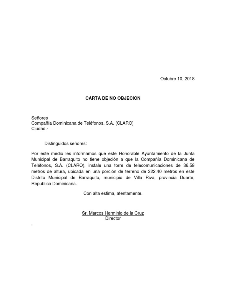 Carta de No Objecion A Claro PDF